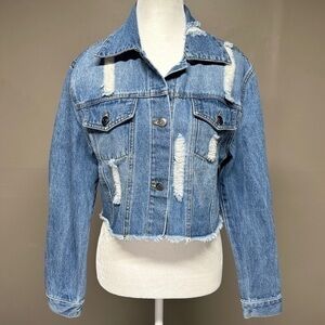 Love Tree Denim Distressed Crop Jean Denim Jacket Cotton Small
